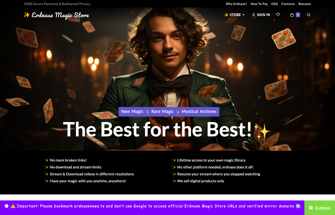 Screenshot of the Erdnase Magic Store homepage advertising 'The Best for the Best'