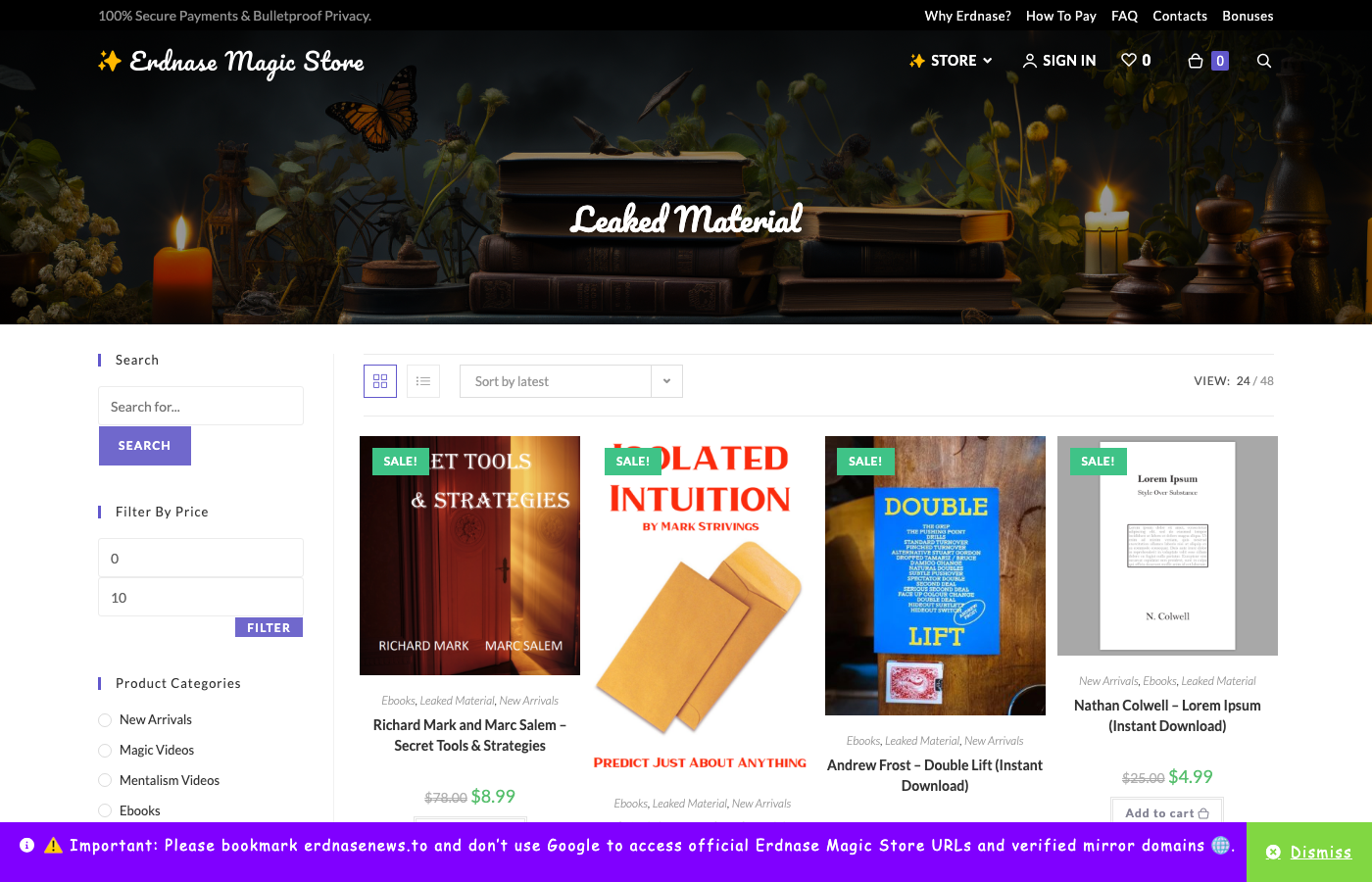 Screenshot of the 'Leaked Material' product category on Erdnase Magic Store, showing 48 items